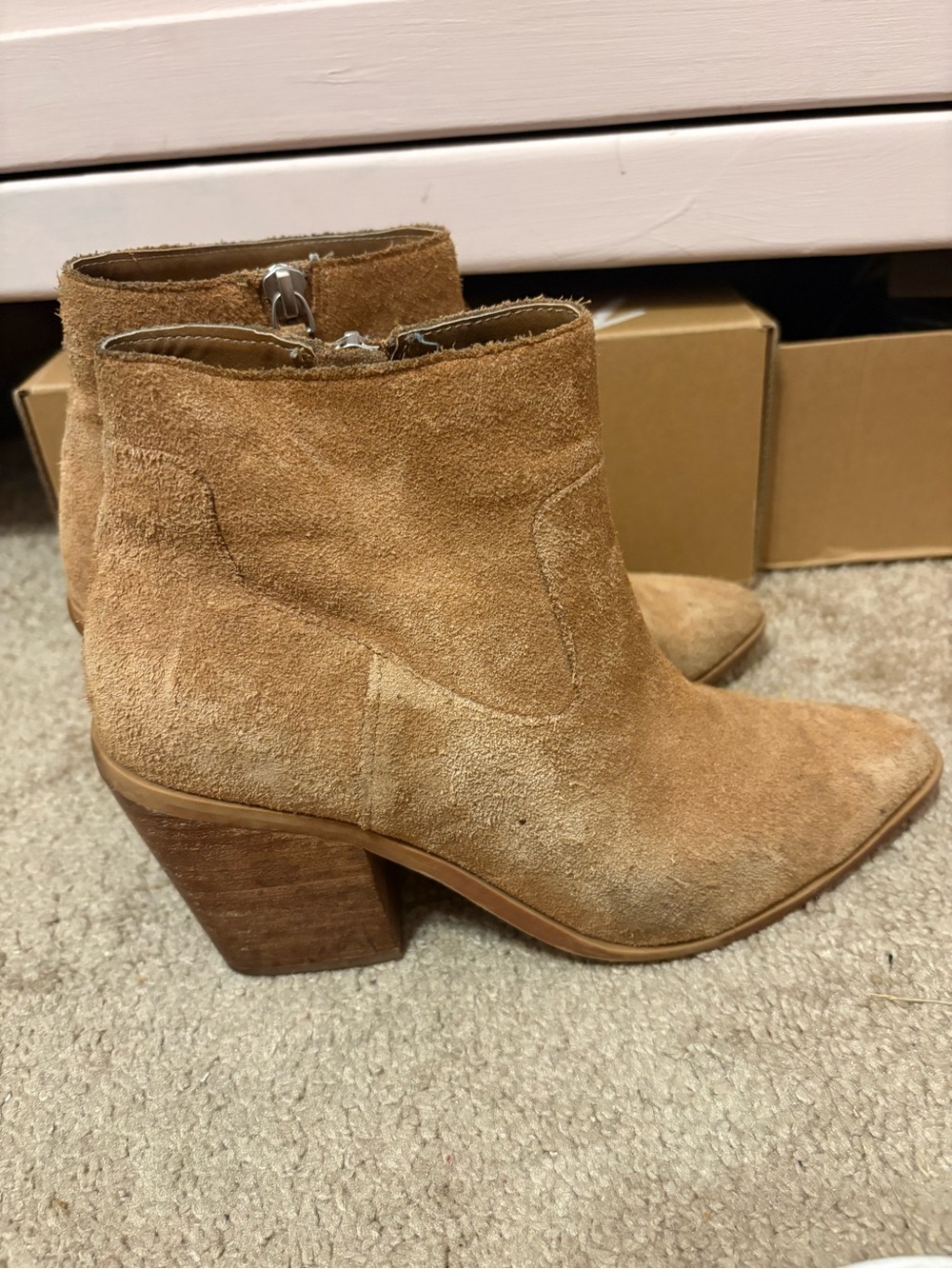 Suede Tan Ankle Booties with Block Heel